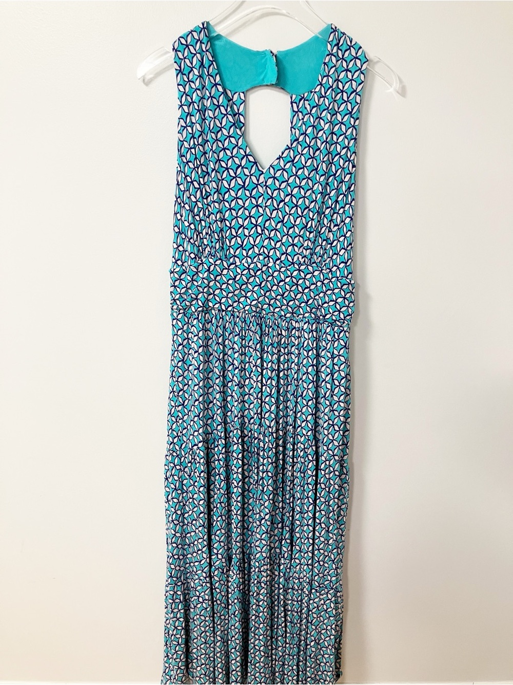 Maeve | Blue Mabel Halter Keyhole Maxi Dress 1X Boho Chic Geometric Tiered
